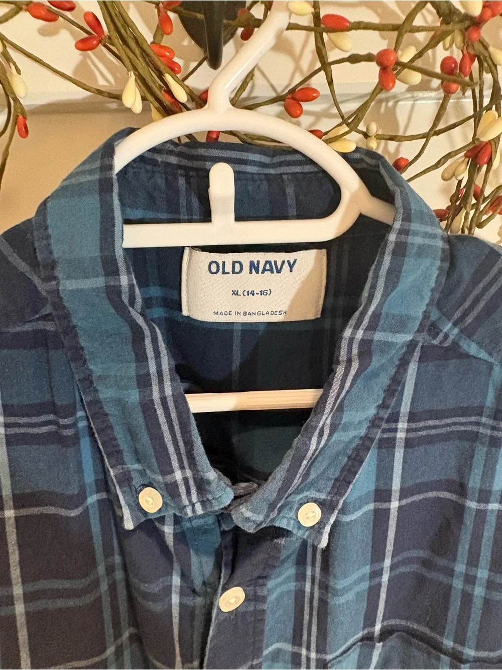 Old Navy Navy and Light Blue Plaid Short Sleeve Button-Down Shirt